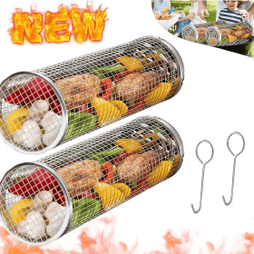 2 BBQ Cages+2 Hooks Set - Essential for Camping/Picnicking - Flip BBQ with No Dropping Ingredients