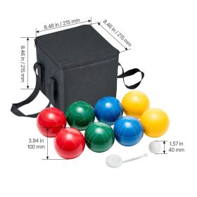 Bocce Ball Set, 100 mm, with 8 Resin Balls, Pallino, Carrying Bag and Measuring Rope, Red/Green/Blue/Yellow 4 Colors, for 2 to 8 Players