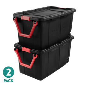 Large Wheeled Industrial Storage Bin, 40 Gallon Rugged Plastic Storage Tote with Latch Lid and Pull Handle, 2 Pack (pack size: 2 Pack, Color: Black)