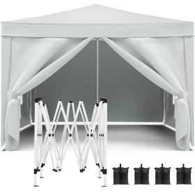 10'x10' Pop Up Canopy Outdoor Portable Party Folding Tent with Removable Sidewalls + Carry Bag + 4pcs Weight Bag (Color: White)